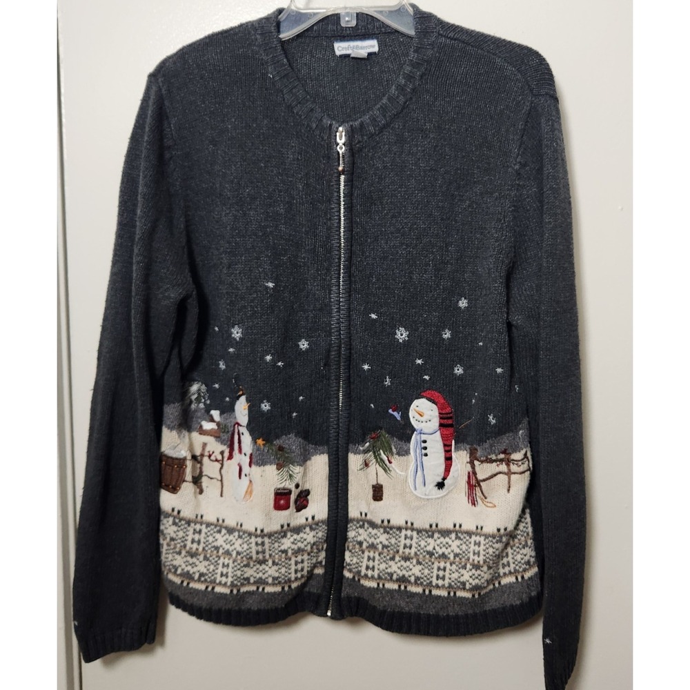 Croft & Barrow Gray Full Zip Knit Womans Cardigan Sweater‎ Sz Med Winter Snowman